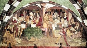 Mercato sotto i portici. Particolare affresco del Castello di Issogne, Valle D'Aosta. XV-XVI secolo